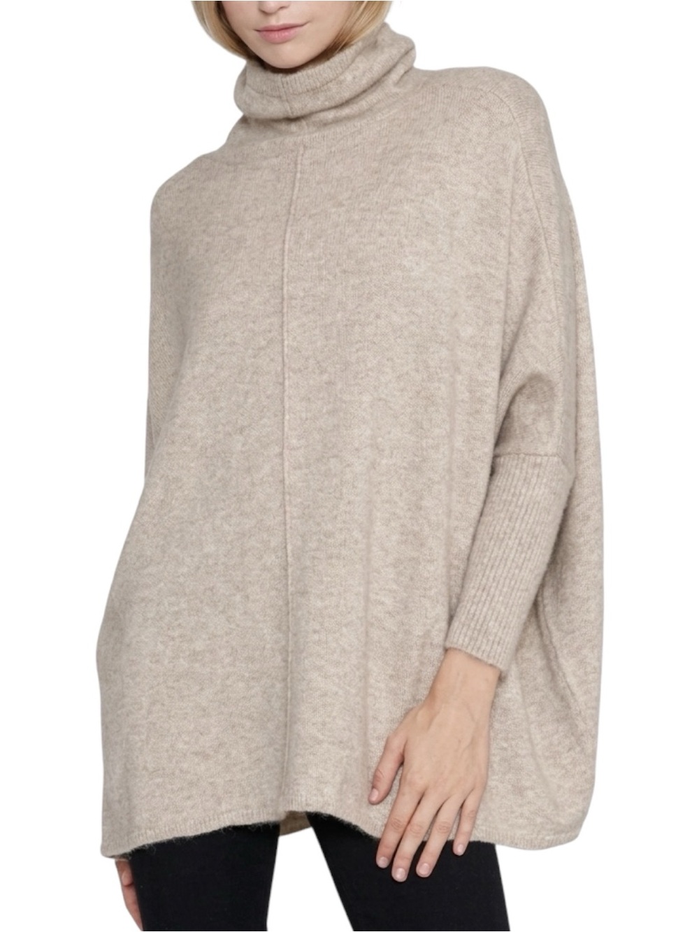 Look by M Seam Turtleneck Oversized Sweater One Size XS S M L Taupe NWT Poncho